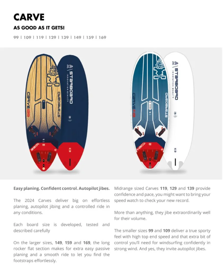 מידות גלשן רוח פרירייד Starboard Carve 2024